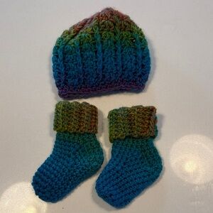 Handmade Multicolour Crochet Baby Hat and Booties Set, Never Worn
